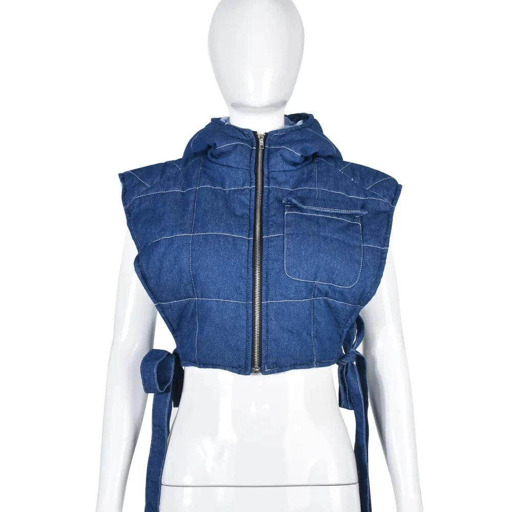 S / Blue 2024 New Winter Fashion Wash Denim Short Vest Cotton-Padded Waistcoat Womens Sleeveless Hooded Cargo Vest
