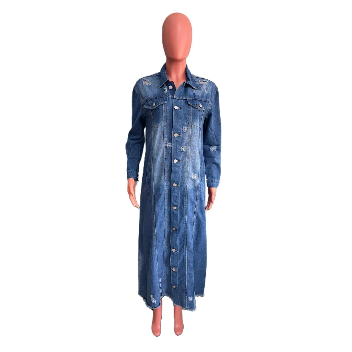 S / Blue 2024 New Winter Ripped Denim Cardigan Coat Turndown Collar Long Jacket Fashion Ladies Long Denim Coat