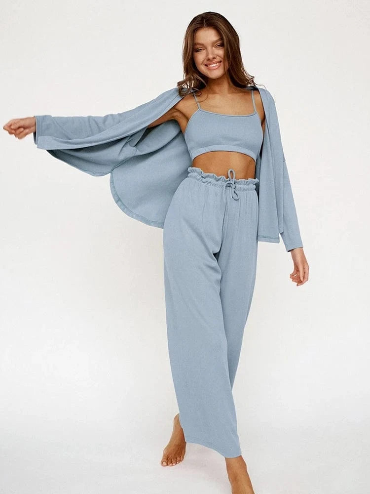 S / Blue 2024 Soft Touch Ribbed Drop Sleeves Sleepwear Pajama Set Winter Sleepwear Outfits Pants 3 Pieces Women's Clothing Sets Loose