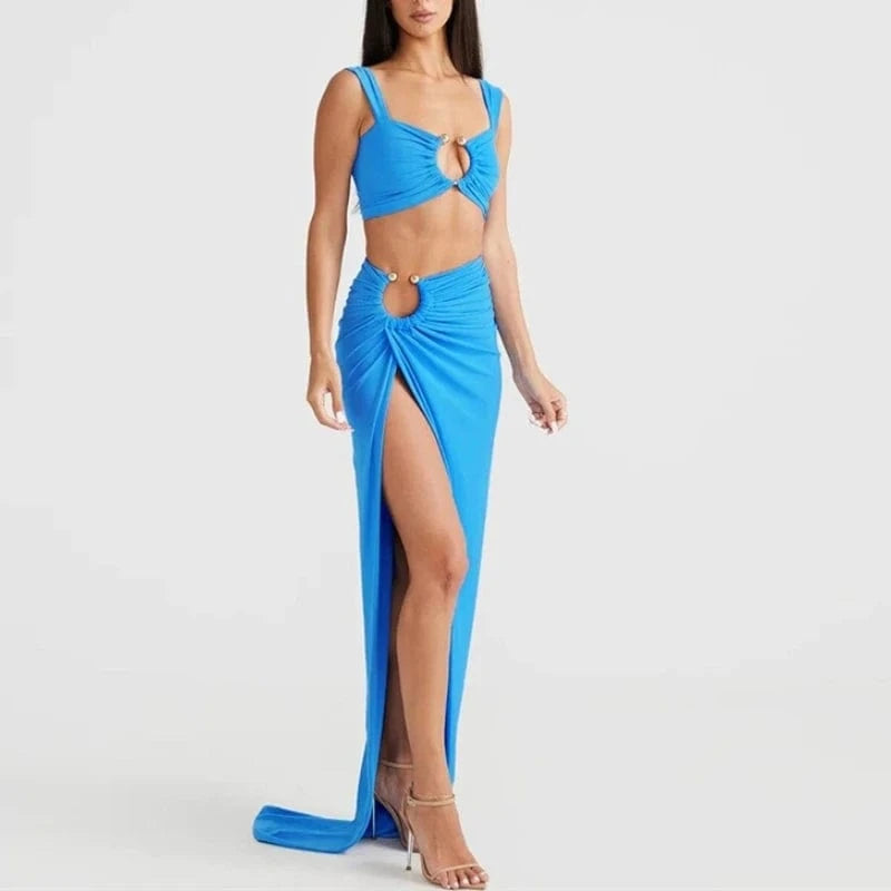 S / Blue 2024 Spring & Summer New Fashion Sexy Women's Clothing Set Elegant Two Pieces Set For Women
