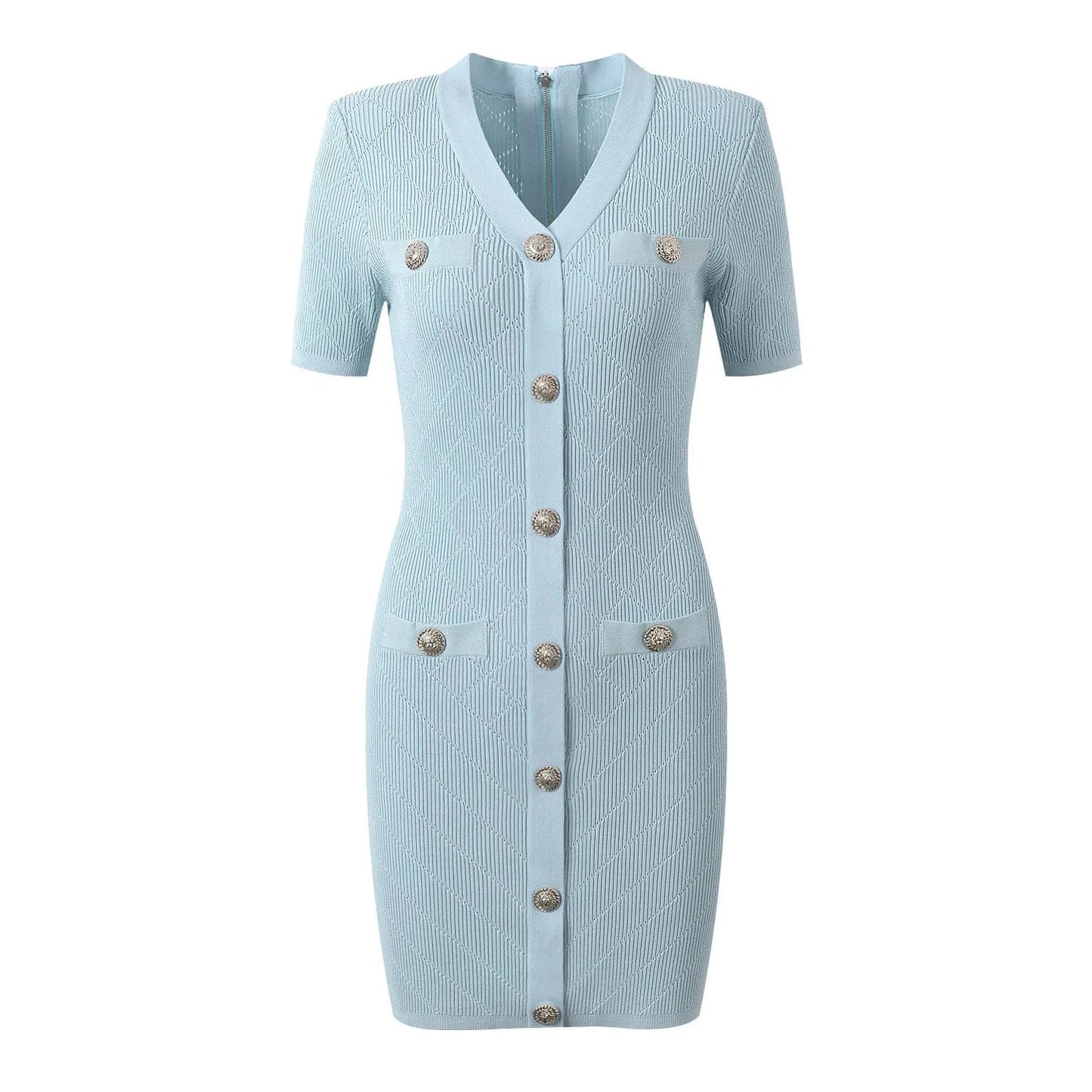 S / Blue 2024 Summer Elegant Style Quality Short Sleeve Sexy V-neck Boydcon Stretchy Casual Women Knit Solid Mini Dress