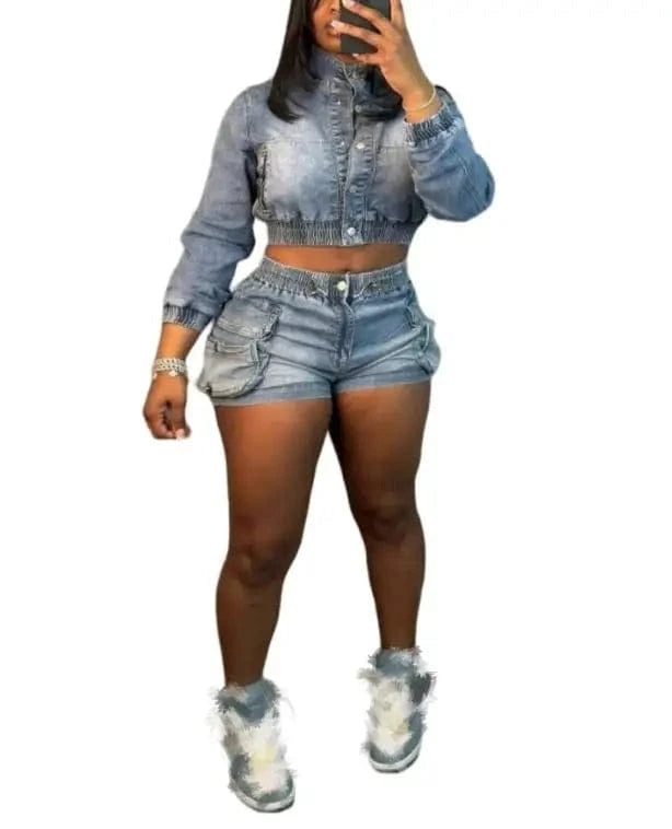 S / Blue 2024 Summer Women denim set Stretch jackets+ Pockets Shorts Matching Sets Ladies Y2K Two Piece Denim women clothes set