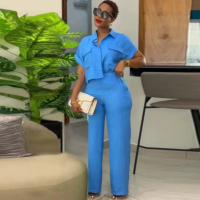S / Blue 2024 Women hot sale Summer New Casual Lapel Short-sleeved Shirt Wide-leg Trousers Fashion Suit Solid Pocket set