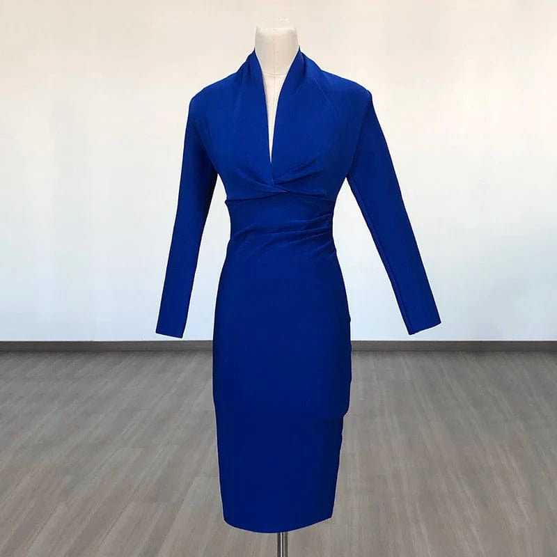 S / Blue BA042 New Women's Top Party Casual Bandage Dress Long Sleeve High Quality Midi Vestidos Bodycon Deep V-Neck Sexy Evening Dresses