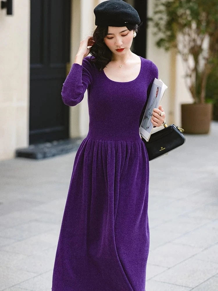 S / Blue Bettergirl 2024 New lady elegant and noble tight fitting purple wool knitted long casual women's dresses