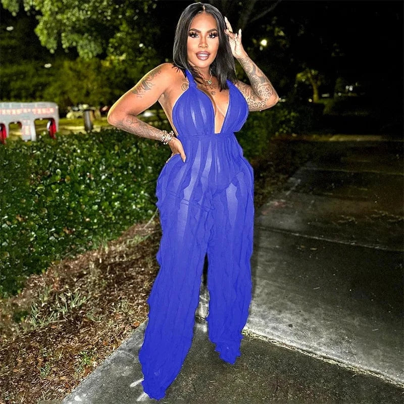 S / Blue Bodysuit Ladies Casual Jumpsuits for Women Sexy Slice Backless One Piece Jumpsuit Women Pants Flare Jumpsuit