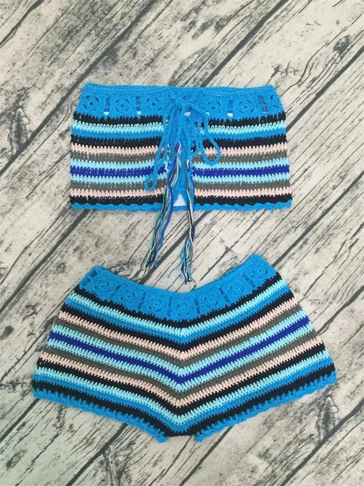 S / Blue Colorful Stripes Bathing Suit Sexy biquini Womens Handmade Crochet knit Bikini Set Swimwear set Crop Top Shorts