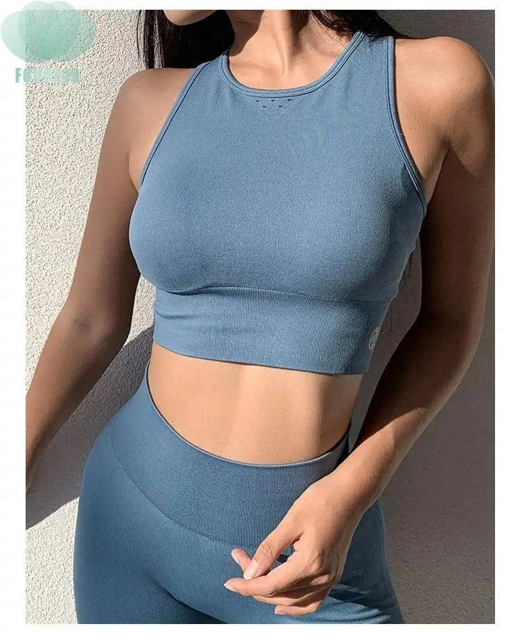 S / Blue custom logo Ladies Yoga Set Shockproof Vest Bra Breathable Fitness Sports Running Suit wide strap bra and legging crop top