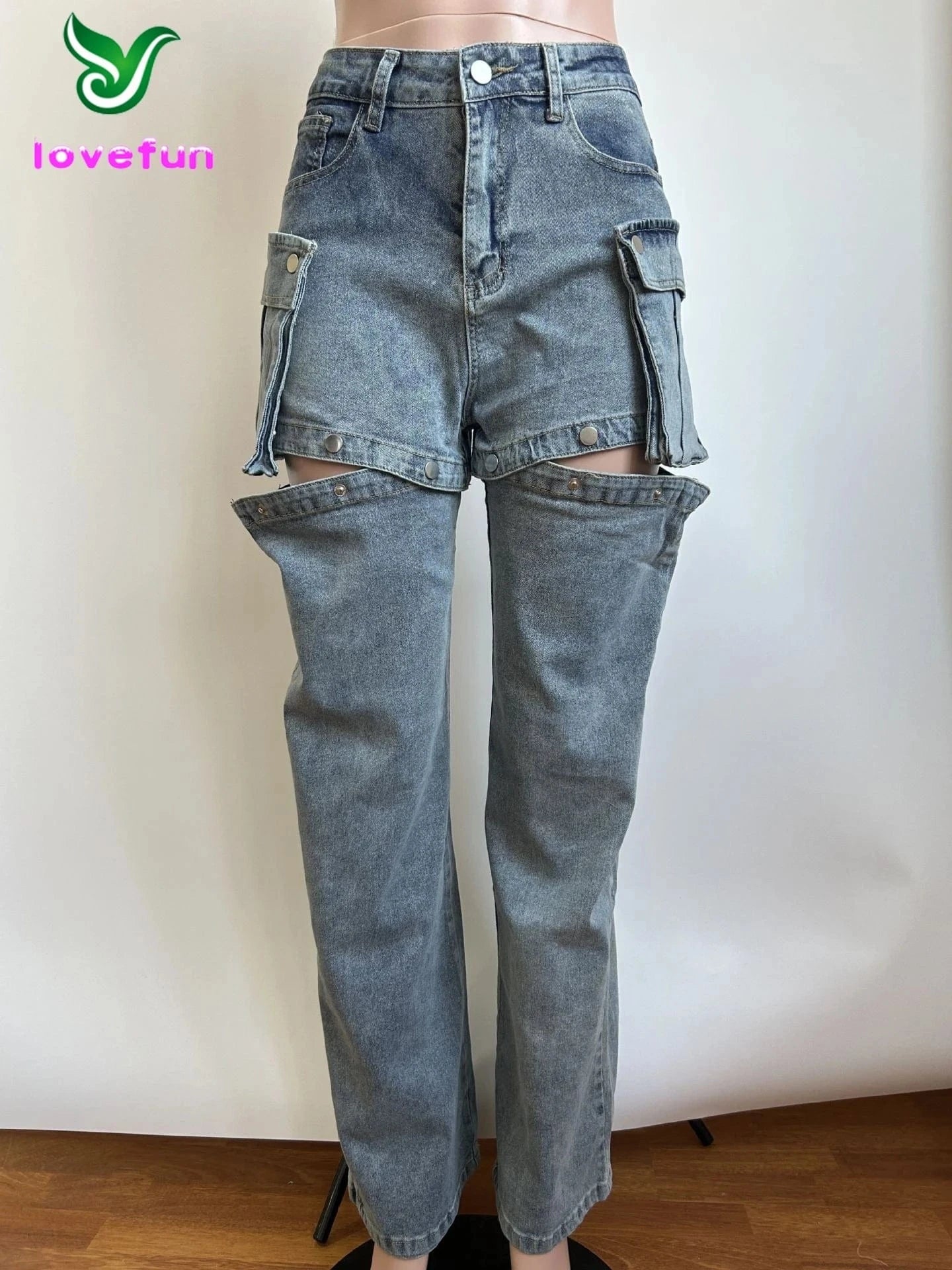 S / Blue Custom Wholesale Removable Denim Pants Multi Pocket Shorts Trouser Legs Trendy Stretch Washed Jeans For Women