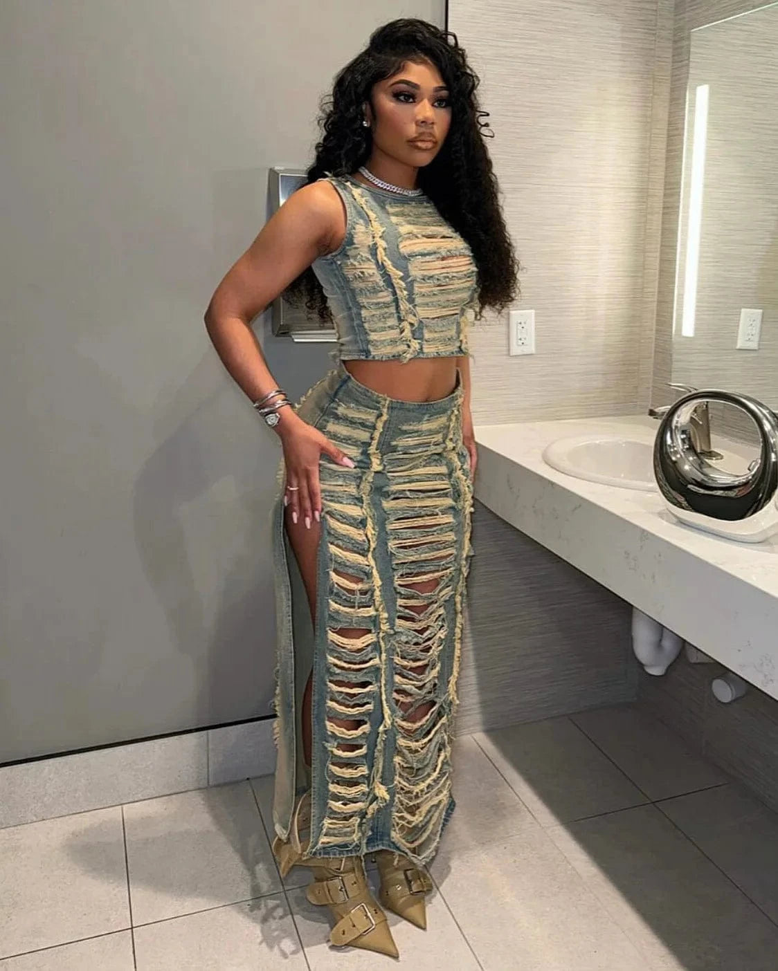 S / Blue Distressed denim women two piece skirt set denim dresses women's summer clothing 2024