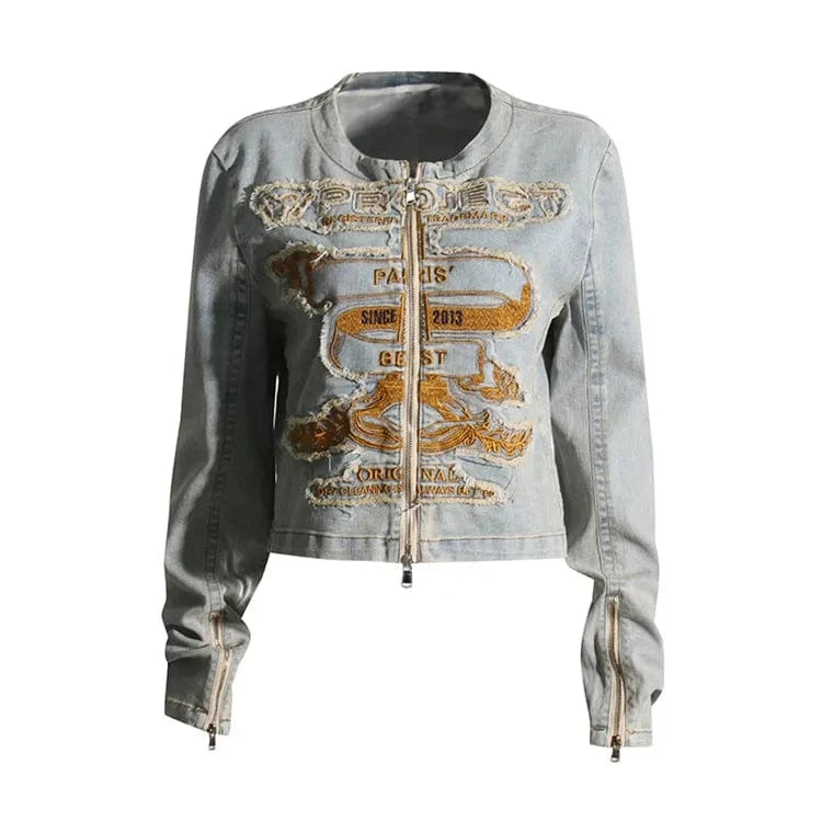 S / Blue Embroidery Colorblock Coats For Women Round Neck Long Sleeve Patchwork Zipper Casual DenimJackets