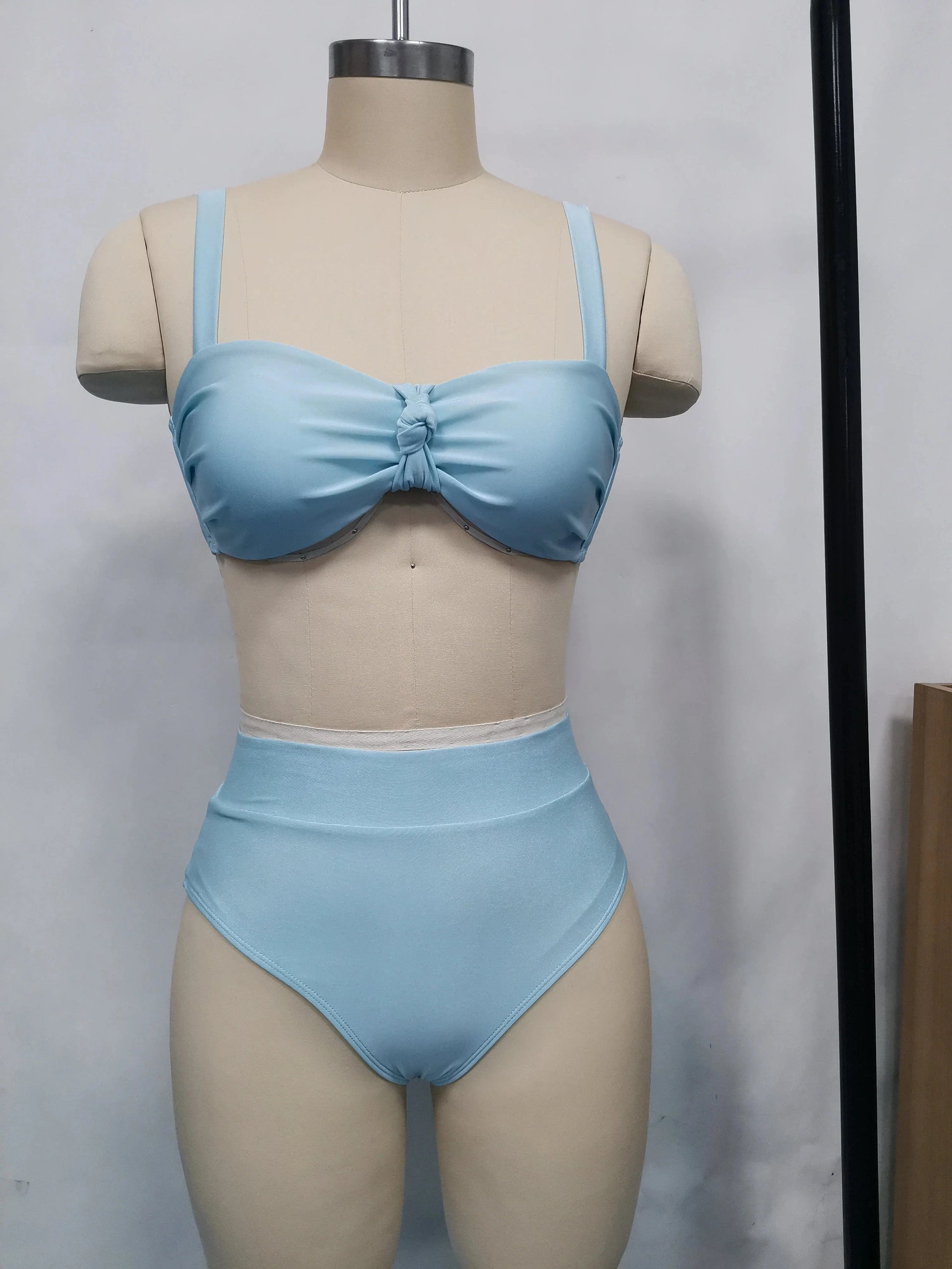 S / Blue Explosive Split Swimsuit New Solid Color Striped High Waist Sexy Bikini Set Woman Bikinis & Beachwear Swimwear 2024