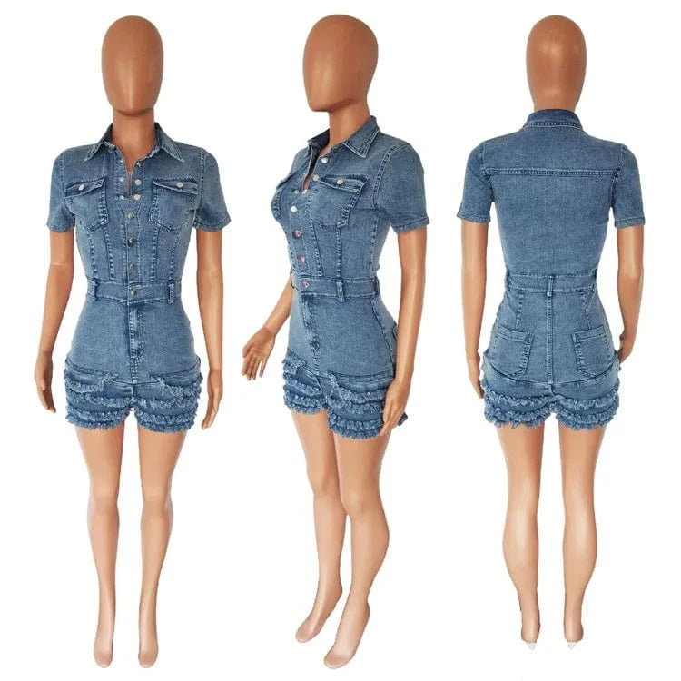 S / Blue Fashion Denim Fur Tassels Shorts Rompers Women Turndown Collar Short Sleeve Slim Jumpsuits Casual Solid Button Overalls