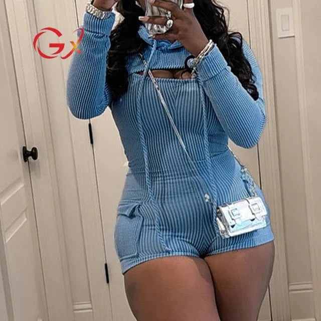 S / Blue GX24019 fashion 2024 women 2 pieces set long sleeve hooded cropped top and sexy one piece jumpsuit romper two piece set women