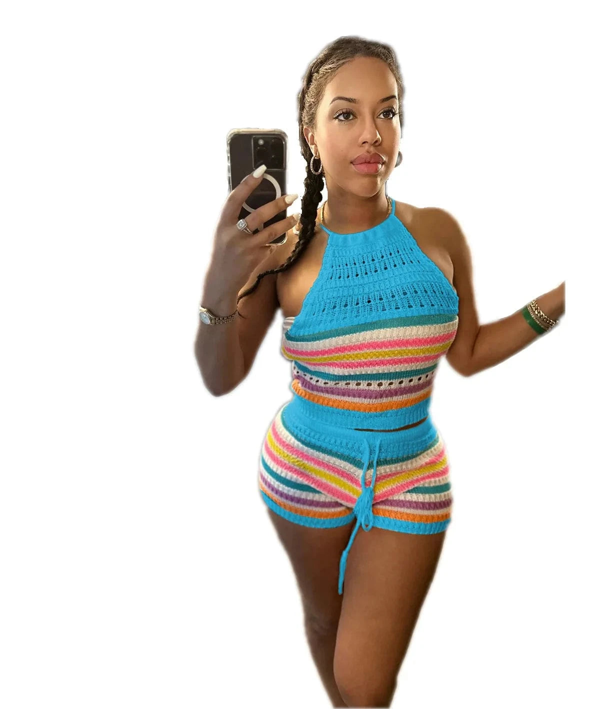 S / Blue Halter Top Knitted Summer Sets Women 2 Piece Sets Summer 2024 New Arrival Leisure Two Piece Knit Short and Crop Set