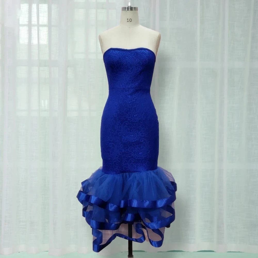 S / Blue J9279 Sexy Tube Tops Patchwork Tulle Ruffle Lace Lady Party Prom Dresses