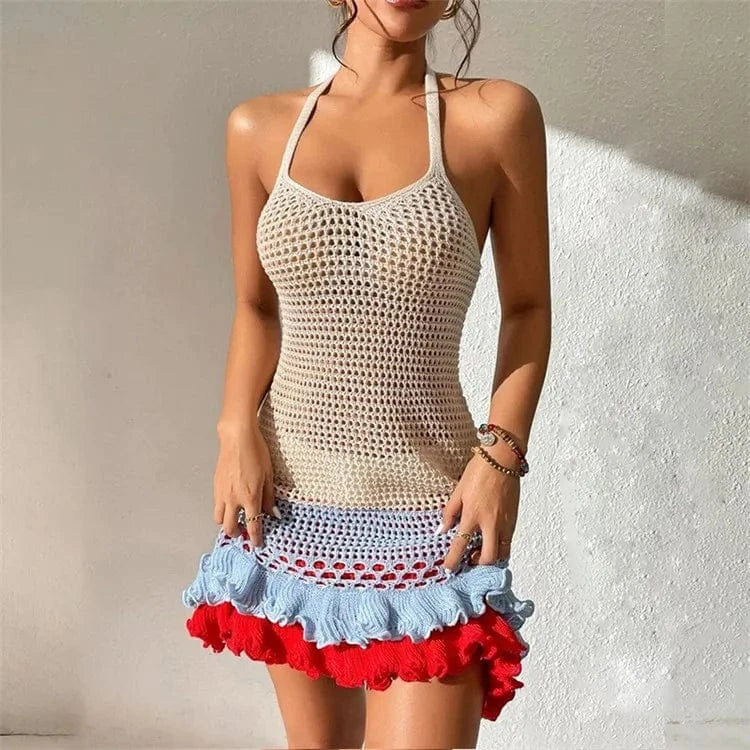 S / Blue Knit Women Halter Bud Dress Summer Patchwork Skinny Bodycon Vacation Clubwar