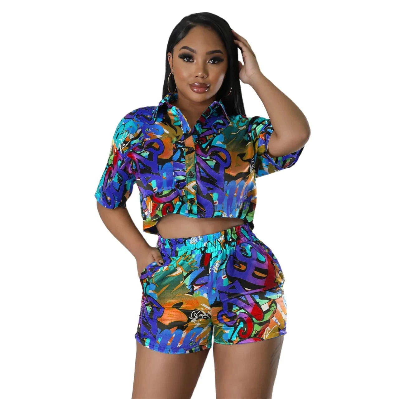 S / Blue Ladies Casual Wear Short Sets for Women 2023 2 Piece Shorts and Shirt Set Street Crop Tops for Women Graphic Tee Shorts Set