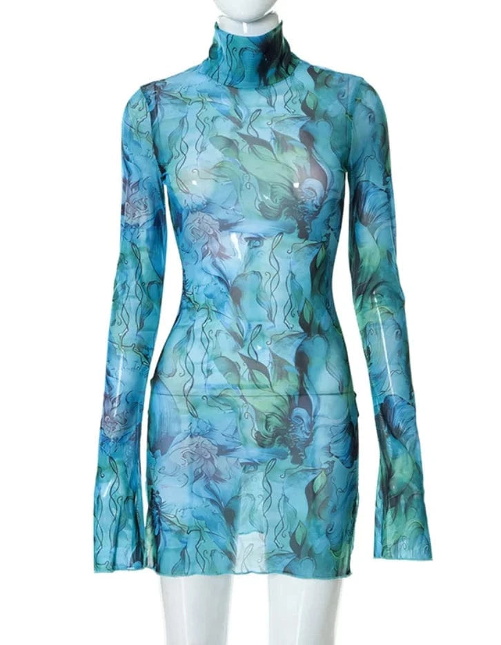 S / Blue Liu Ming Fall New Arrivals Women Casual Graffiti Printed Party Mesh Sheer Bodycon Mini Dress