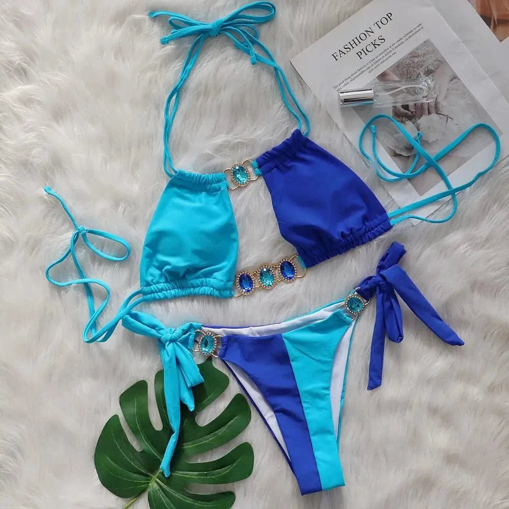 S / Blue New arrivals 2024 summer diamond two piece swimwear beachwear beachwear woman bikini