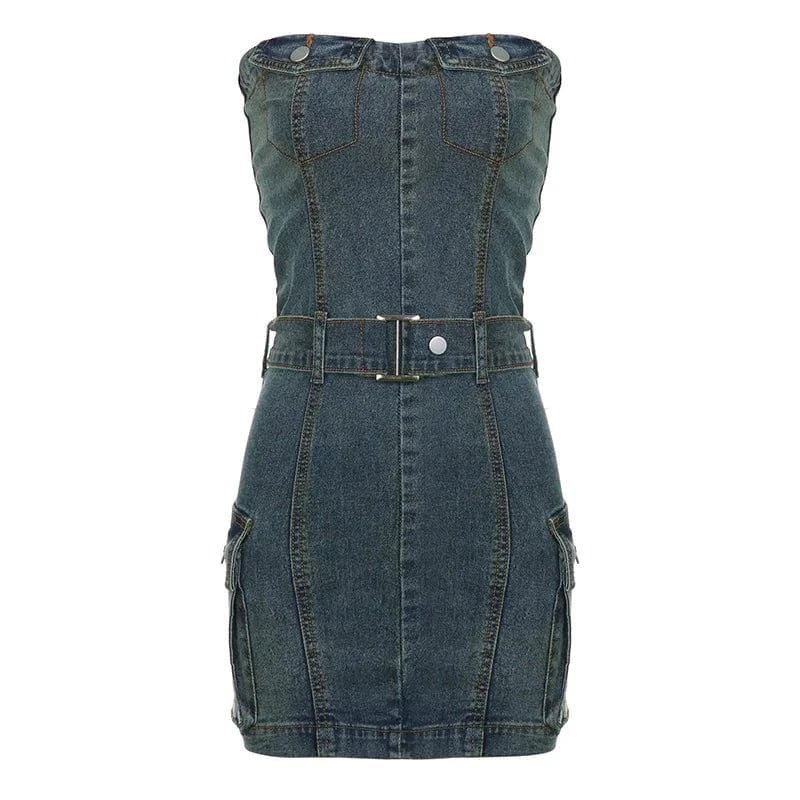 S / Blue New Arrivals Fashion Sleeveless Denim Dress Sexy Strapless Waisted Dress Streetwear Multi Pocket Cargo Dresses