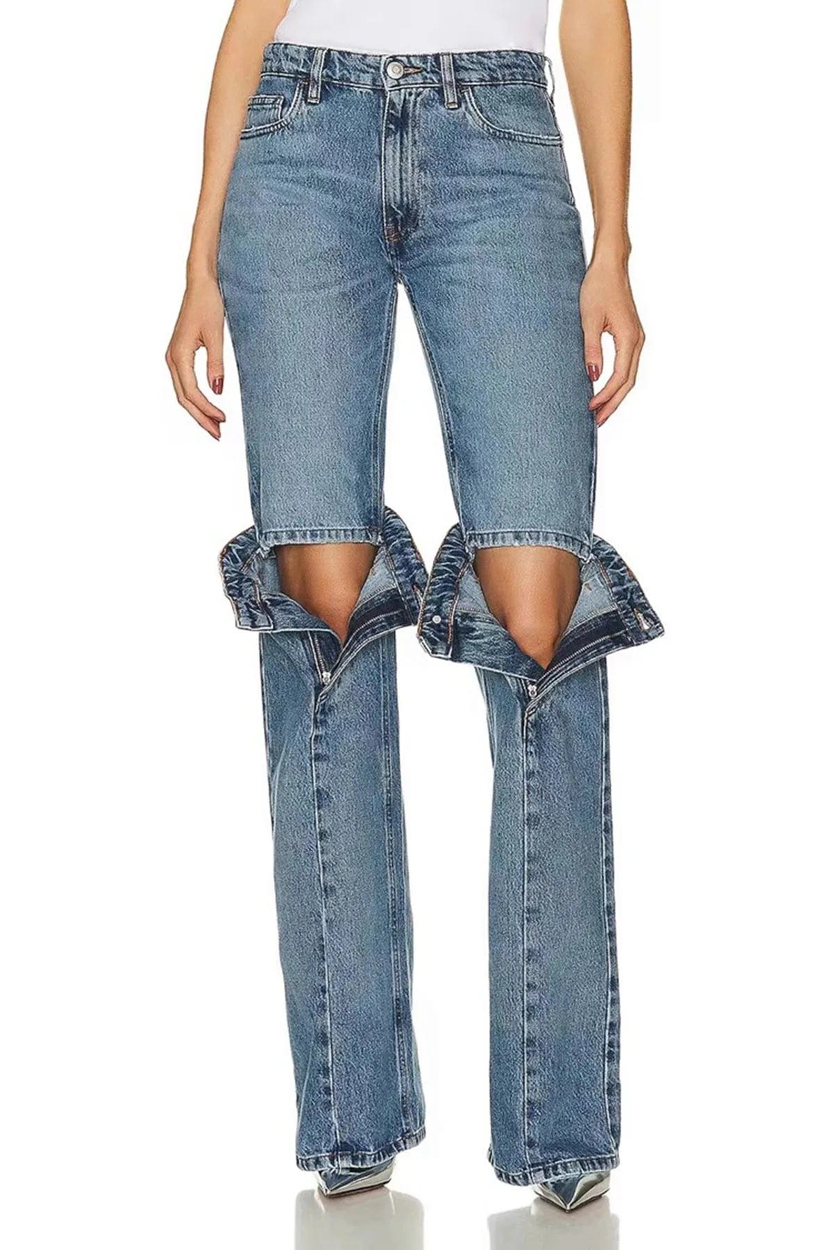 S / Blue OUDINA Trendy 2024 New Ladies Jeans Trousers Hollow Out Deconstructio Elastic Straight Pants