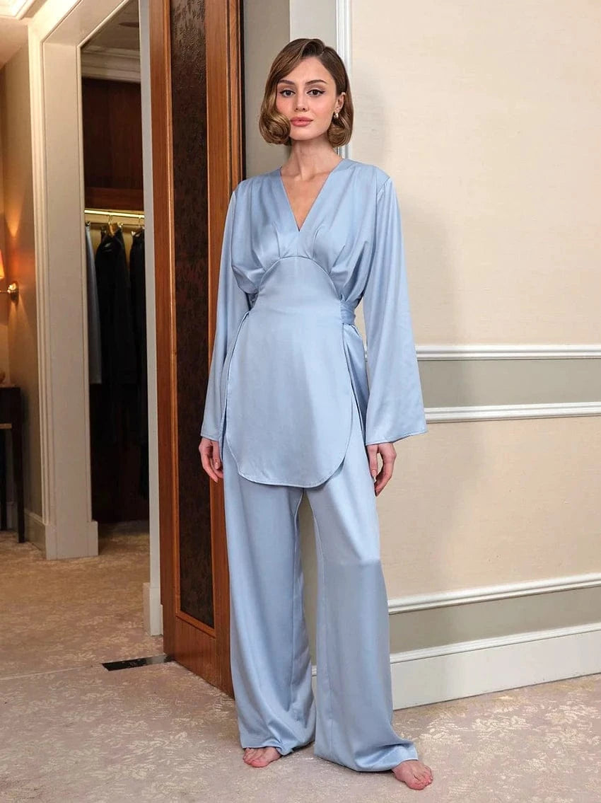 S / Blue Patchwork Trouser Suits Long Sleeves Satin Pajamas For Women Pajamas Set With Pants V Neck Split Sleepwear Home Suit 2024