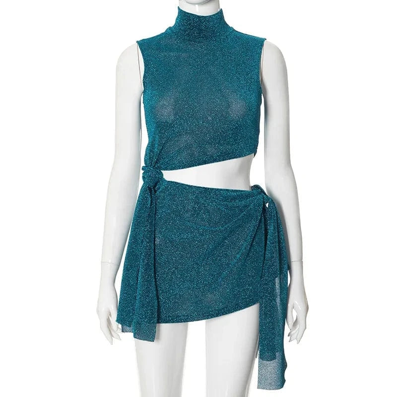 S / Blue R23ds254 New 2024 Summer Hollow Out Sleeveless Sexy Mini Dress Solid Bodycon Casual Bandage Elegant Dress For Women Lady