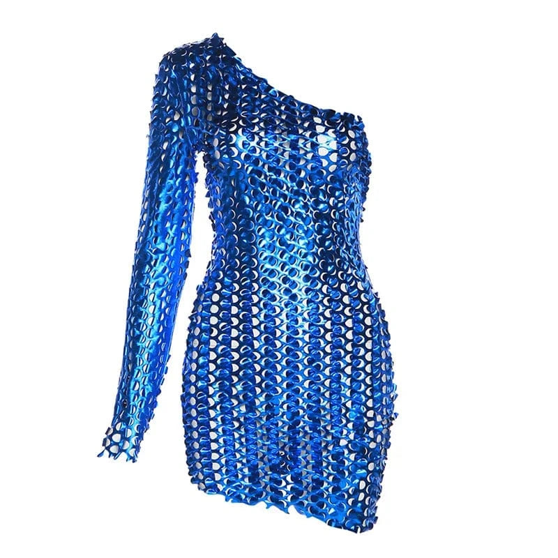 S / Blue Sexy Dresses with Hole Solid Bodycon Women Clothing 2023 Spring Ladies Sloping Shoulders Casual Women Dresses