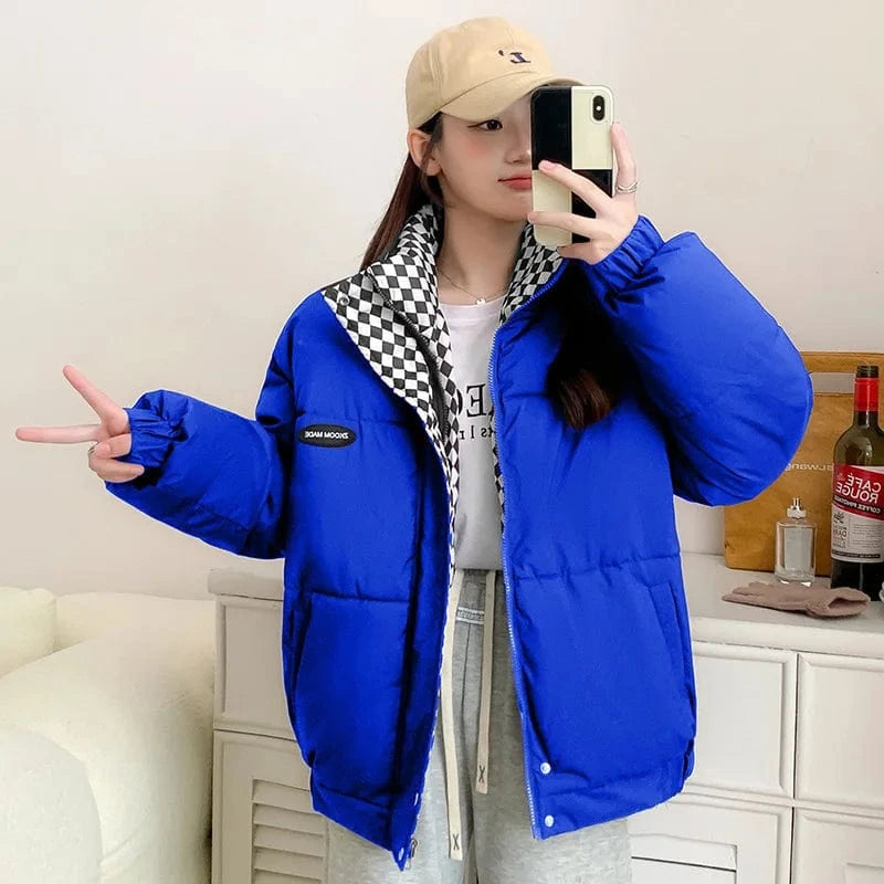 S / Blue Splicing  Hooded  Cotton Coat Female Fashion Casual Loose Jacket Women Winter 2022 New Zipper Clothing