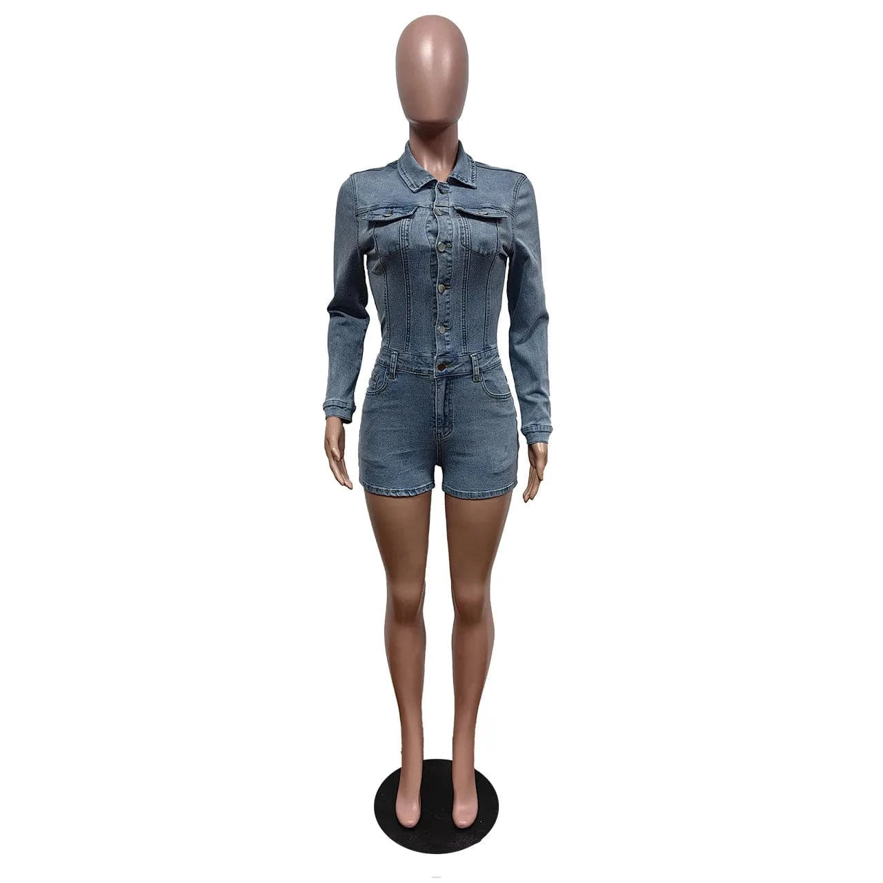 S / Blue Streetwear Spring Sexy Fashion Long Sleeve Casual One Piece cargo Lady Shorts Washed Denim Jean Romper Women's Short Jumpsuit