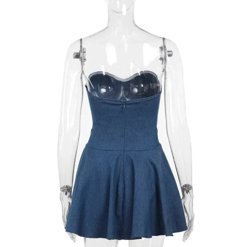 S / Blue Summer 2024 Y2K Wrap Hip Mini Pleated Skirt Sexy Strapless Bra Denim Dress For Women