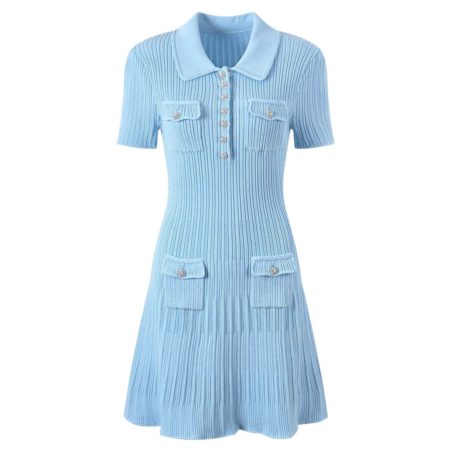 S / Blue Vintage Elegant Style 2024 Spring Lady Turn-down Collar Short Sleeve Women Knit Sequin Slim Fitted Flounced Short Solid Dress