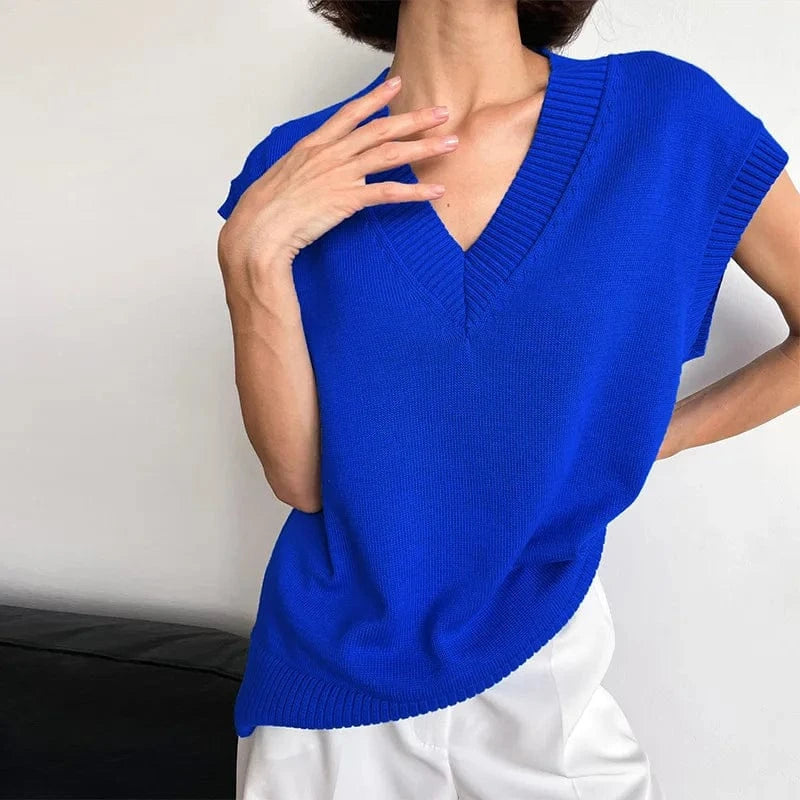 S / Blue Wholesale 2024 Autumn Fashion Women Sweaters Vest Oversized Knitted Vest Casual Wear Sleeveless Crop Tops Knit Sweaters