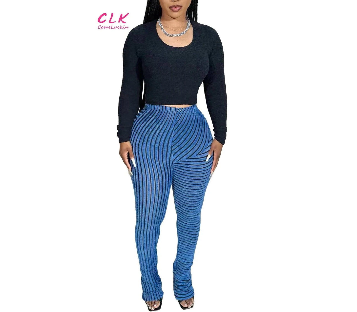 S / Blue Wholesale 2024 Autumn New Arrival Women Stripe Long Pants Breathable High Waist Women Elastic Casual Pile Up Pants
