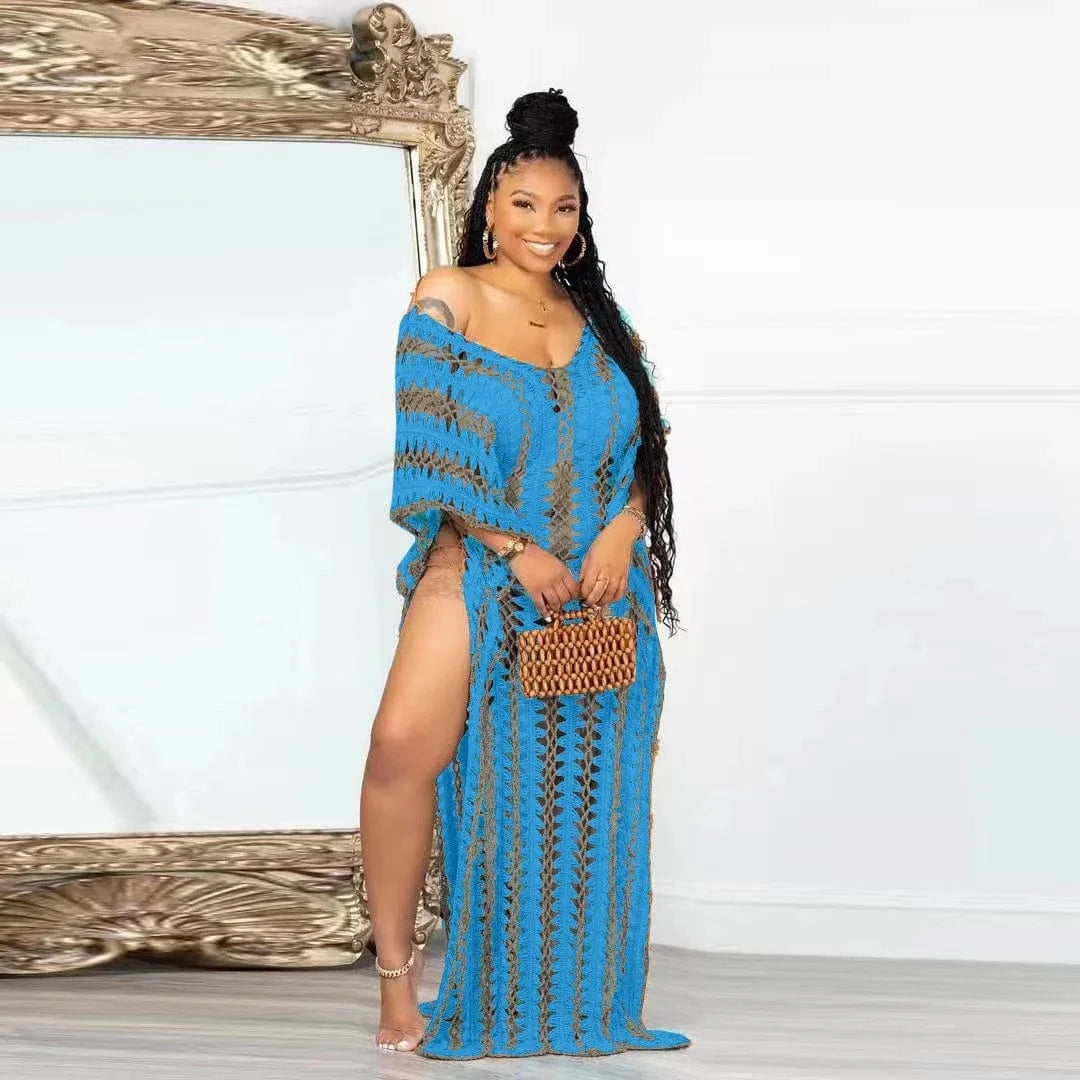 S / Blue Women trendy beach cover up split maxi dresses summer beach 2024