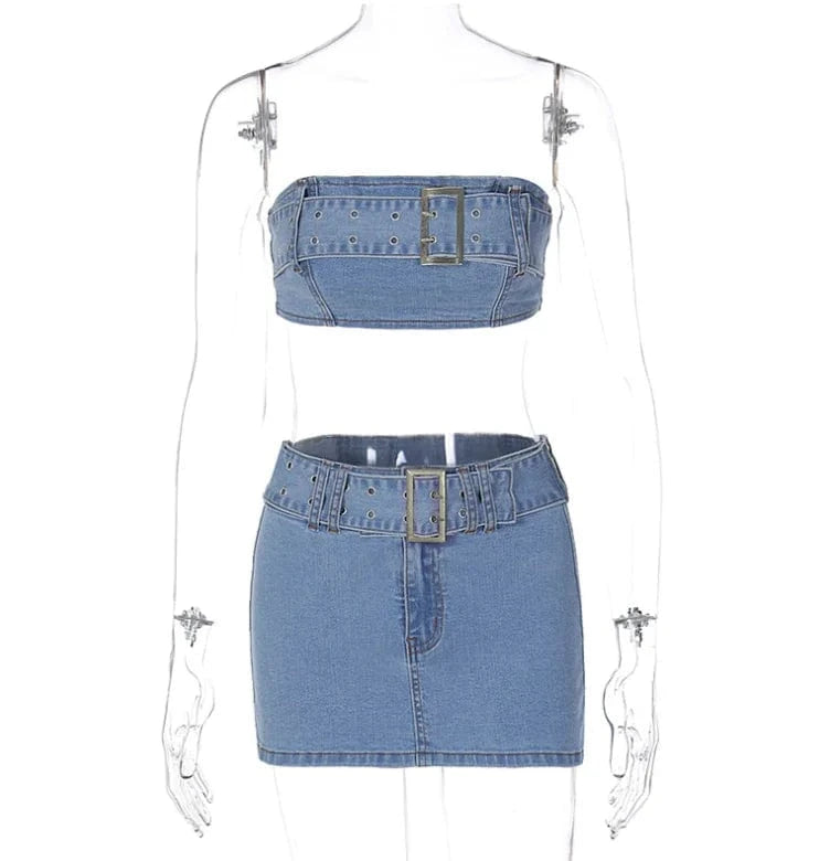 S / Blue Y2K Denim Skirt Set 2024 Spring Sleeveless Tube Top Two 2 Piece Short Skirt Suits Women Sexy Club Denim Jean Mini Skirt Outfits