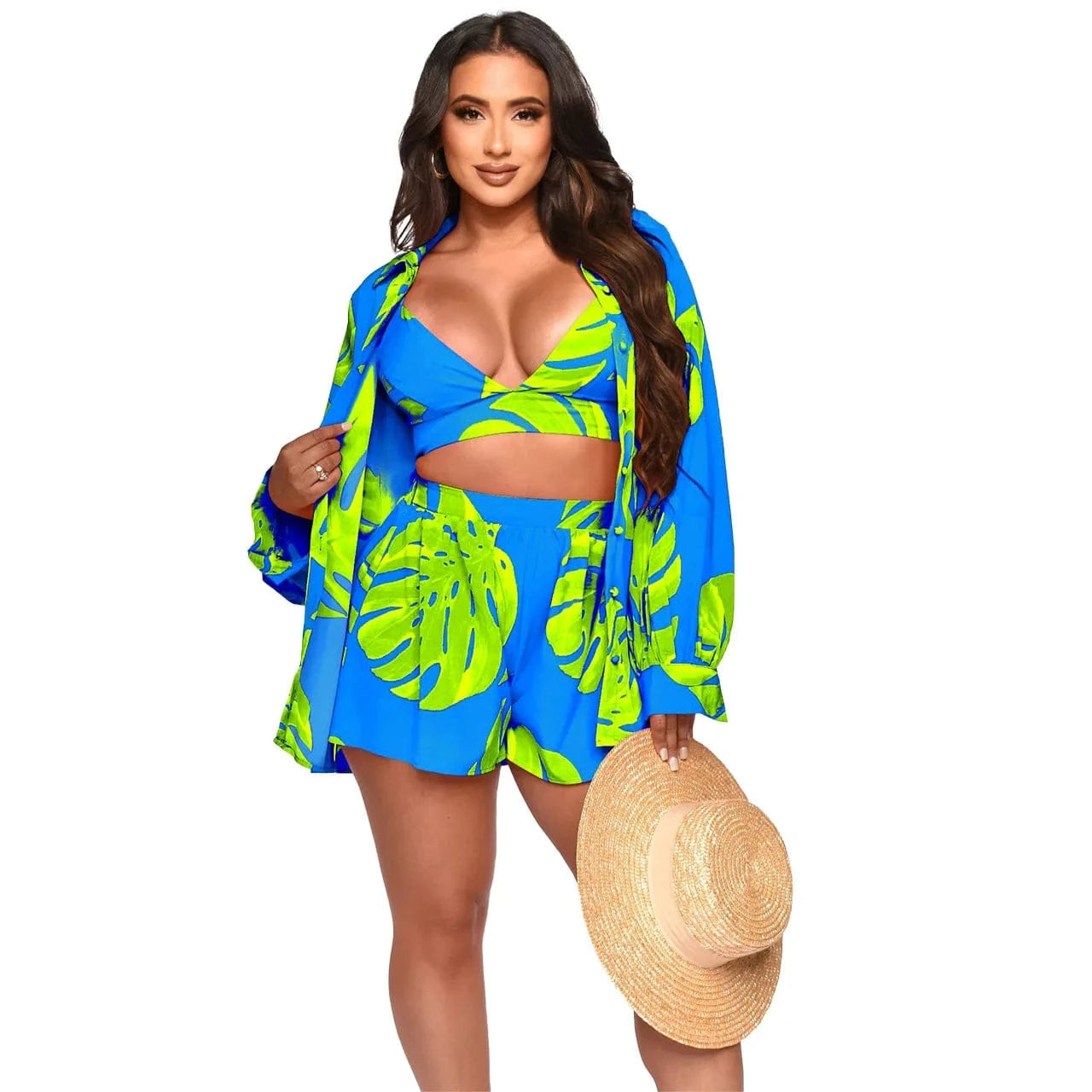 S / Blue YD8757 Trendy boutique fall 2024 women clothes fashion printed lounge wear cardigan shirts mini shorts 3 piece set women's sets
