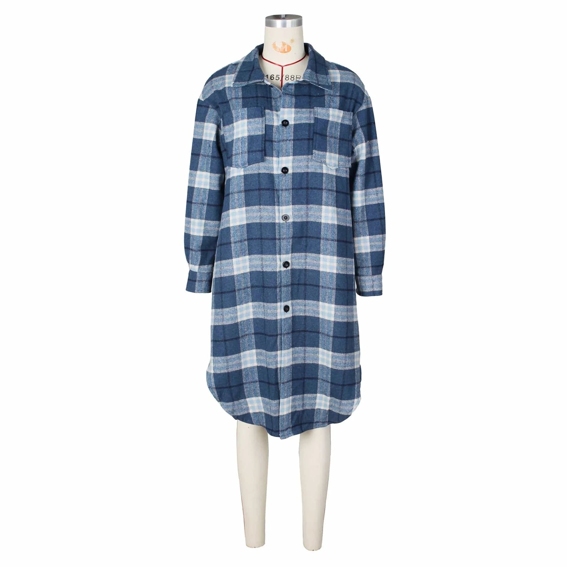 S / Blue ZHEZHE Good Quality 2024 Spring Women's Lapel Neck Retro Plaid Printed Ladies Long Coat Elegant Women's Jacket