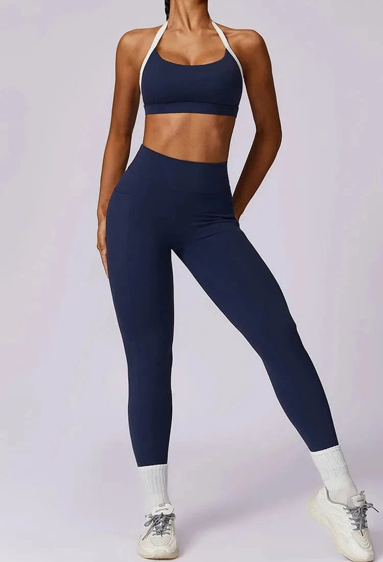 S / Bra Dark blue 2024 Custom Women's Workout sets Bra for women Backless High Waist Long-sleeved top Women sportswear Leggings 2 Pieces Yoga set