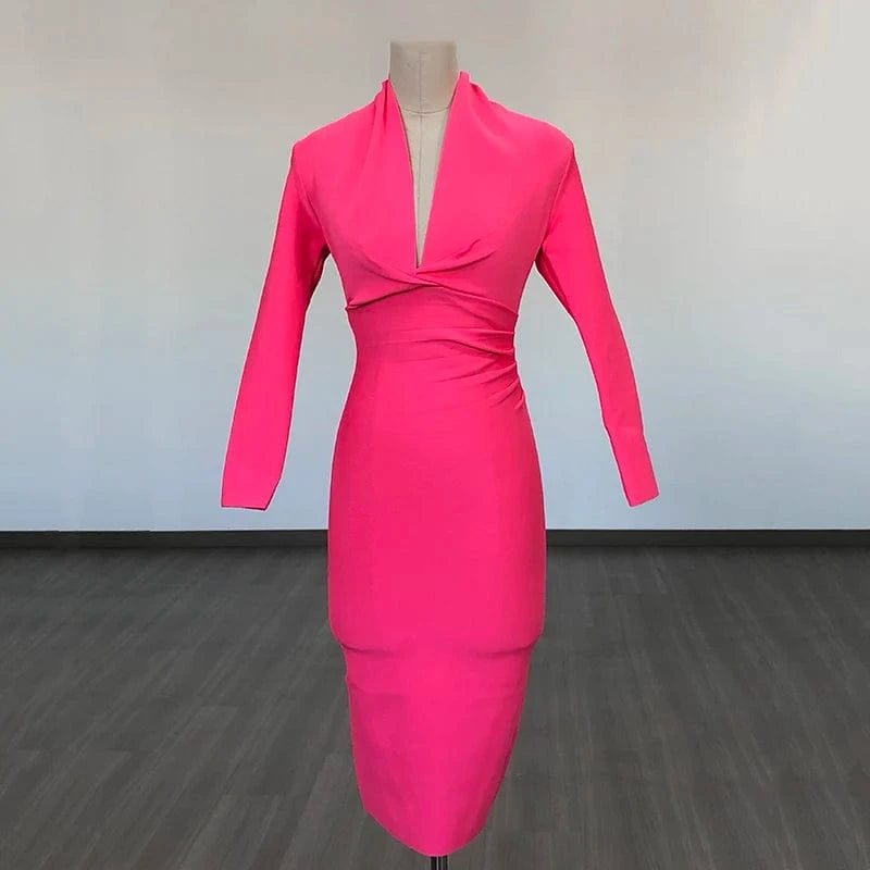 S / bright pink BA042 New Women's Top Party Casual Bandage Dress Long Sleeve High Quality Midi Vestidos Bodycon Deep V-Neck Sexy Evening Dresses