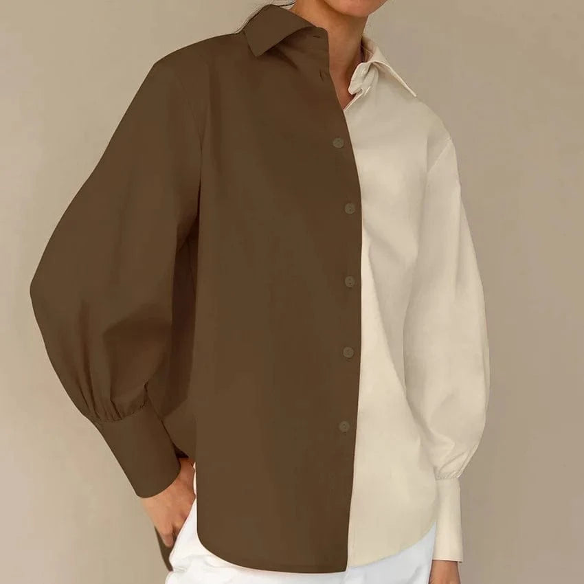S / Brown 2024 Autumn New Trendy Work Leisure Button Down Panelled White Blouse Shirt