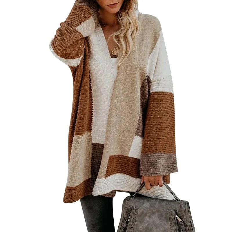 S / Brown 2024 Custom Winter New Contrast Mixed Color Stripe Long Sleeve Cardigan Women Sweater Lady Clothing
