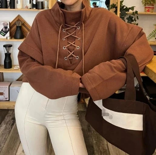 S / Brown 2024 New Spring Fashion Lace Up Sweatshirt Patchwork 2 In 1 Loose Tops Solid Color High Neck Pullover For Ladies