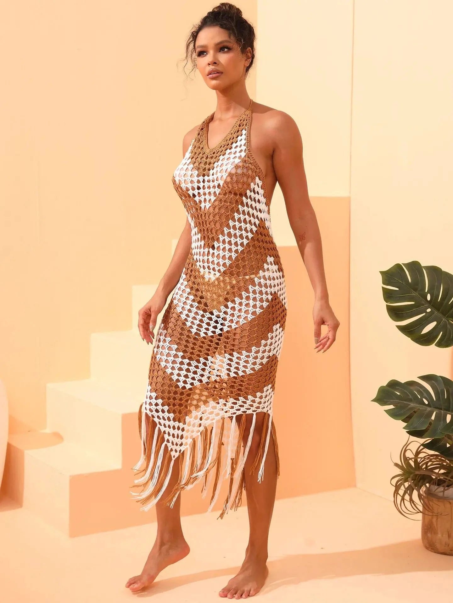 S / Brown 2024 summer popular XS-XL sleeveless maxi crochet beachwear knitted women's dresses