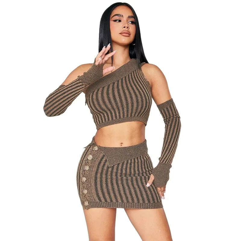 S / Brown BR4009 2024 new fashion yarn-dyed twill collar sleeve sexy navel high waist hip slim skirt suit