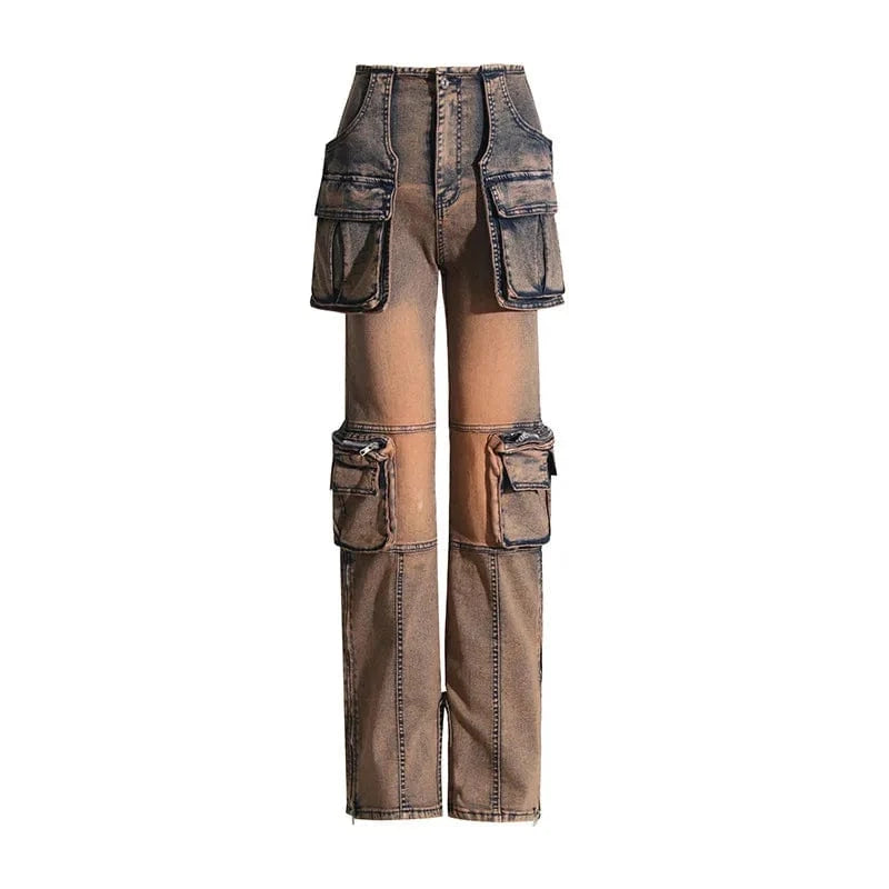 S / Brown Cargo Denim Pants Women Big Pockets Patchwork Pants Women Fashion High Waist Straight Wide Leg Jeans Harajuku Oversized Trousers