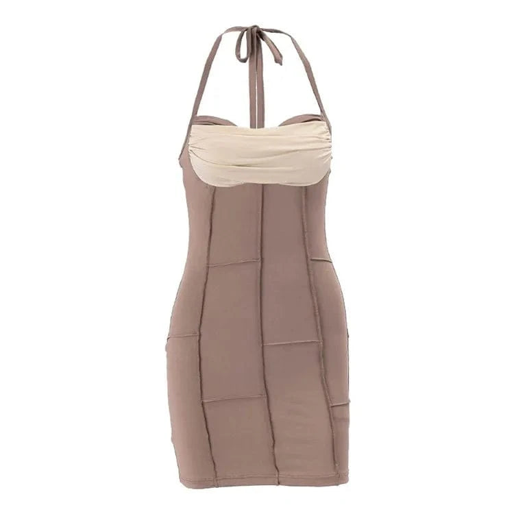 S / Brown Color Block Mesh Patchwork Holiday Dress Women Halter Neck Backless Bandage Short Dress