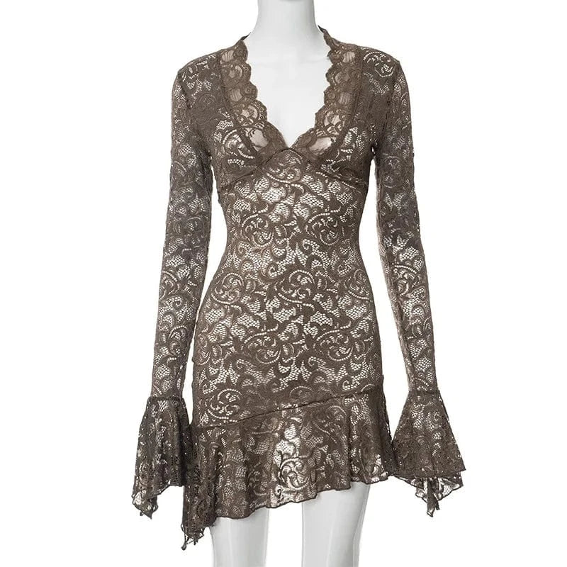 S / Brown Dress latest dress designs new sexy v neck lace girls sexy dress wholesale long sleeve transparent casual evening dress