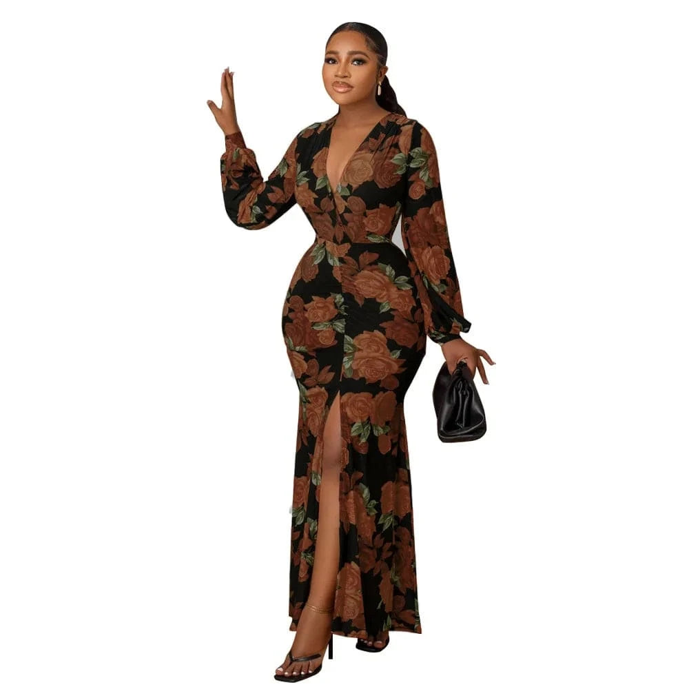 S / Brown elegant dress 2024 Fashionable Casual Floral Pattern Print Women's Clothing Temperament Loose maxi dress